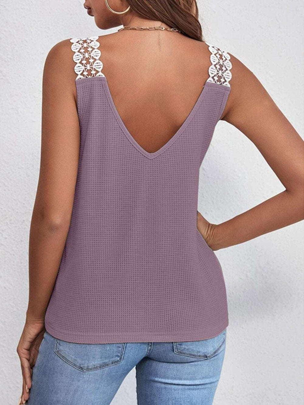 Lace Detail Waffle-Knit V-Neck Tank - Trendsi - Flyclothing LLC