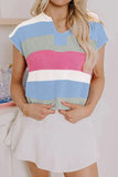 Color Block Notched Cap Sleeve Knit Top - Trendsi