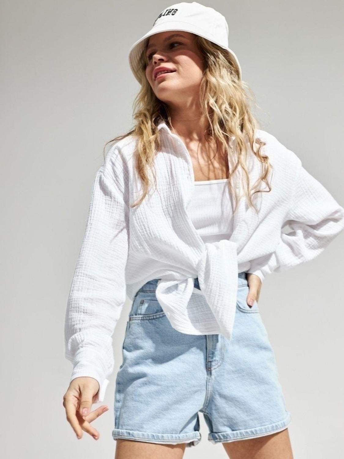 Textured Collared Neck Long Sleeve Shirt - Trendsi - Flyclothing LLC