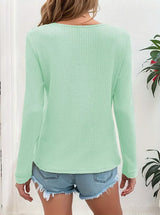 Waffle Knit Button-Detail V-Neck T-Shirt - Trendsi - Flyclothing LLC