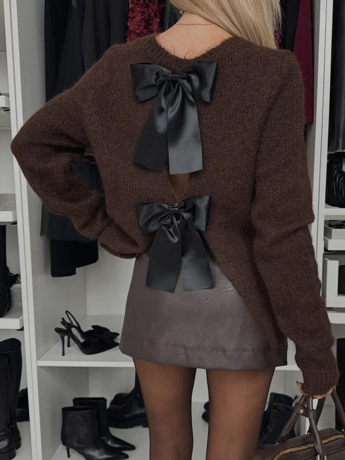 Bow Slit Back Round Neck Sweater - Trendsi