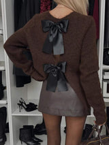 Bow Slit Back Round Neck Sweater - Trendsi - Flyclothing LLC