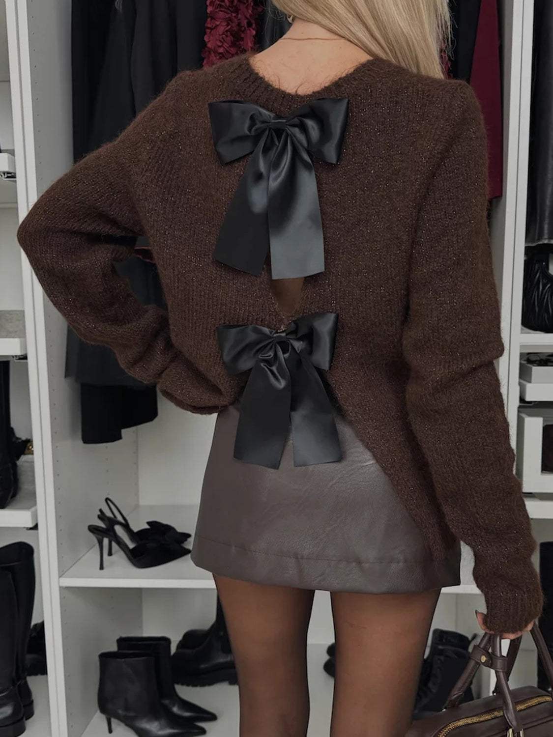 Bow Slit Back Round Neck Sweater - Trendsi - Flyclothing LLC