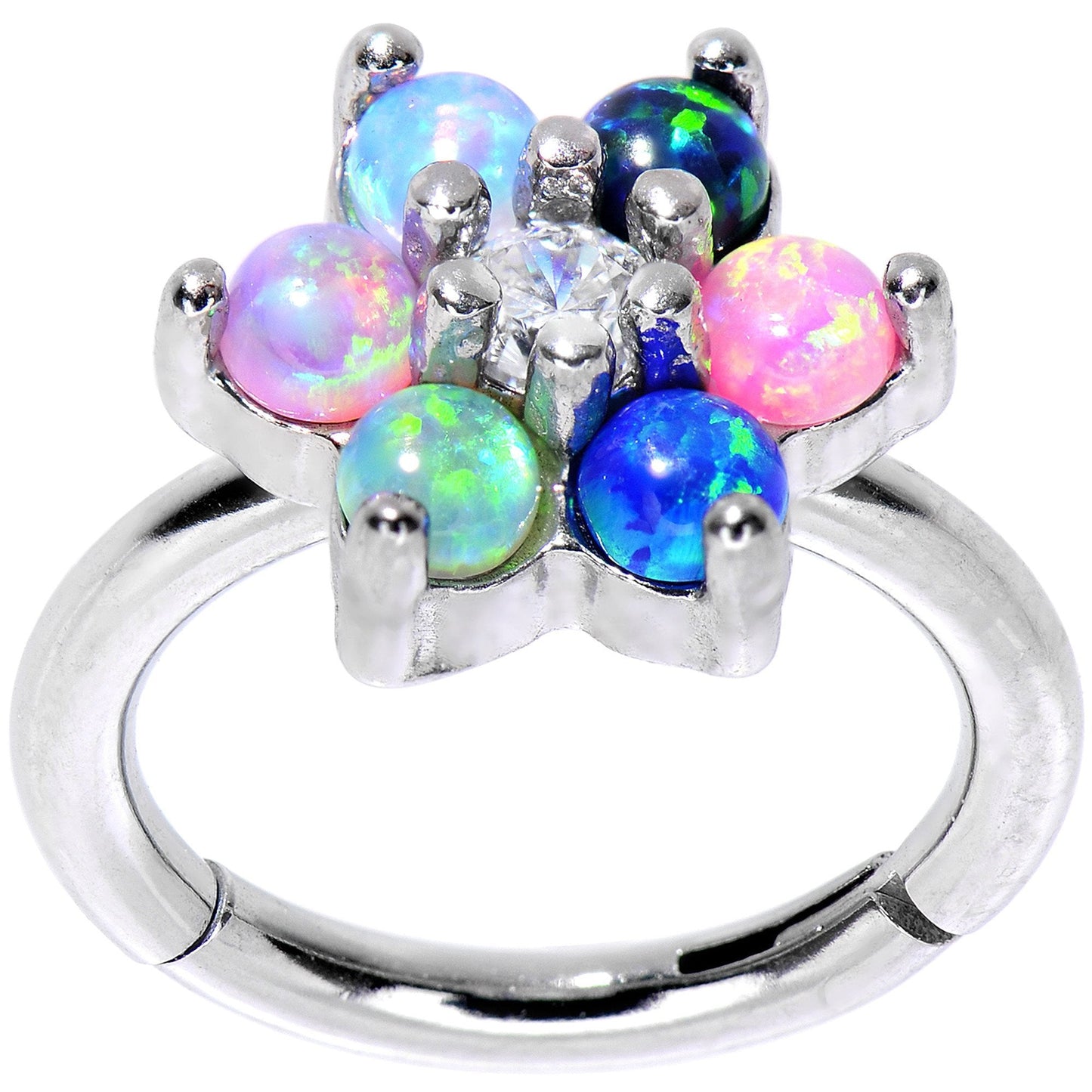 16G 5/16 Clear CZ Gem Pink Blue Faux Opal Hinged Segment Ring - BodyCandy - Flyclothing LLC