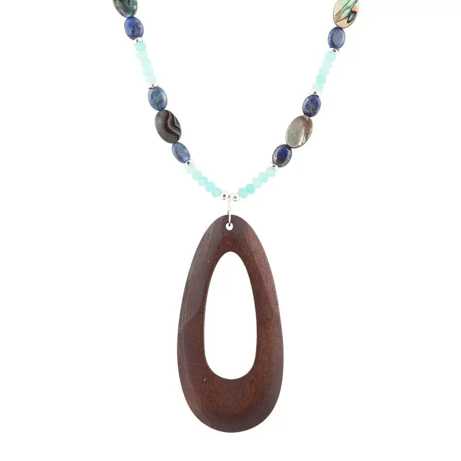 Ajo Blue Abalone and Amazonite Wood Pendant Necklace - Barse Jewelry - Flyclothing LLC