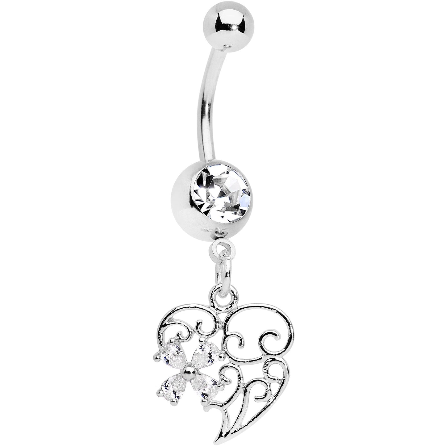 Clear Gem Filigree Heart Flower Dangle Belly Ring - BodyCandy - Flyclothing LLC