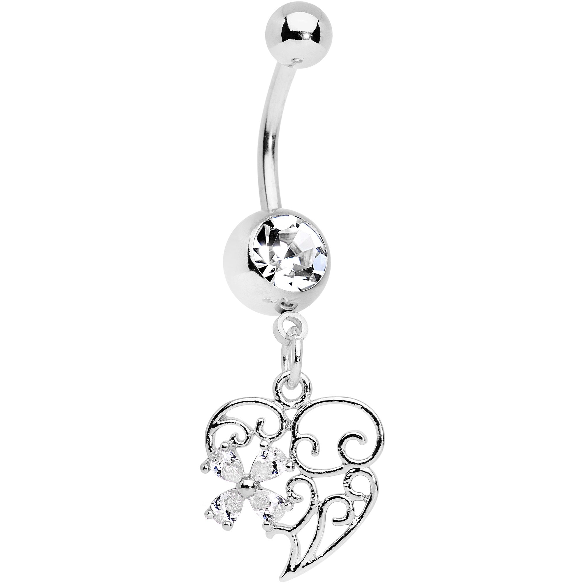 Clear Gem Filigree Heart Flower Dangle Belly Ring - BodyCandy - Flyclothing LLC