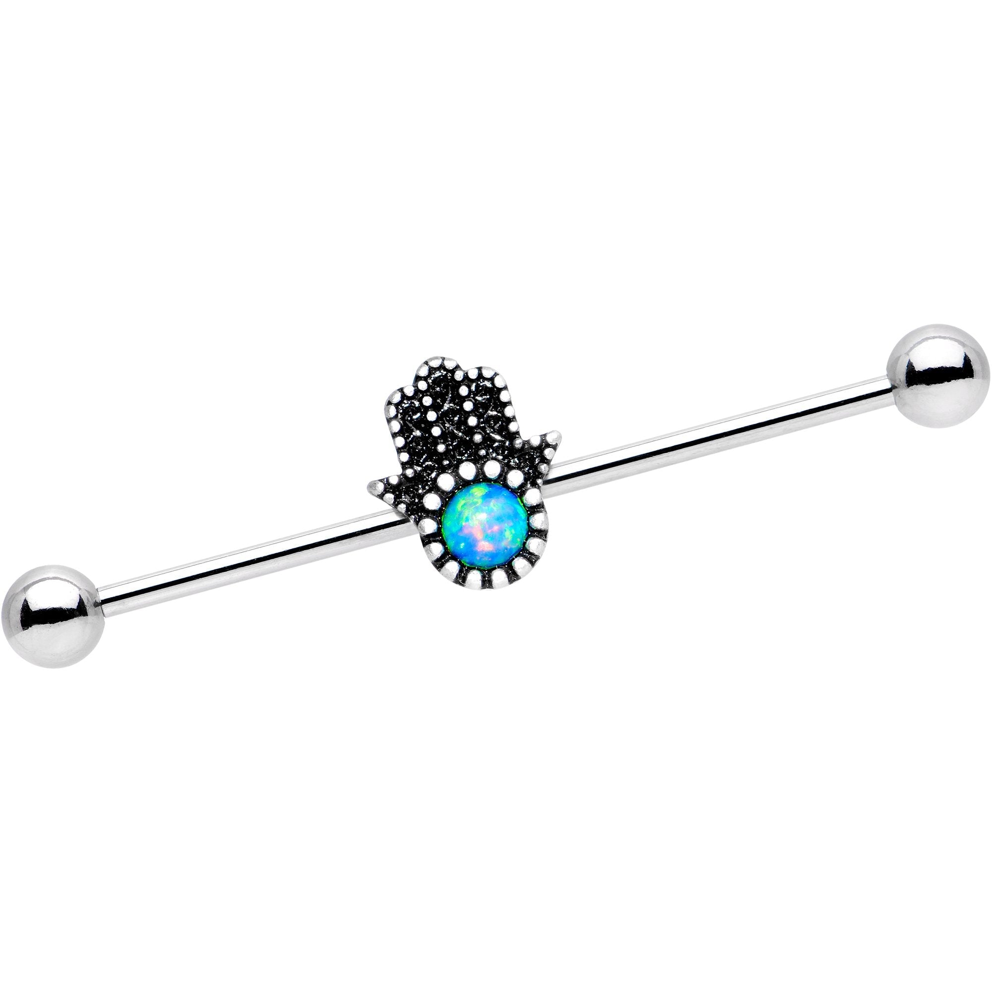 14G Blue Synthetic Opal Hamsa Hand Industrial Barbell 38mm - BodyCandy - Flyclothing LLC