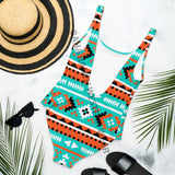 Baha Ranch Yeehaw Turquoise Orange Aztec One-Piece Swimsuit