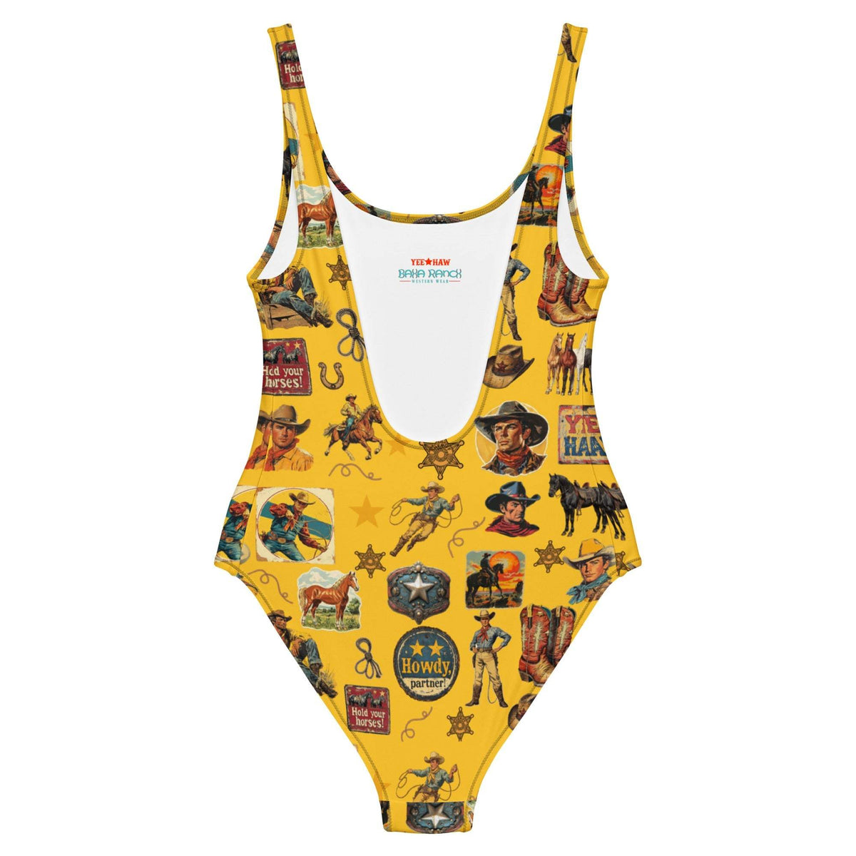 Baha Ranch Yeehaw Vintage Cowboy Collage Mustard One-Piece Swimsuit - Baha Ranch Western Wear - Flyclothing LLC
