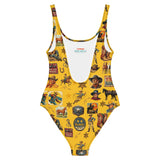 Baha Ranch Yeehaw Vintage Cowboy Collage Mustard One-Piece Swimsuit - Baha Ranch Western Wear - Flyclothing LLC