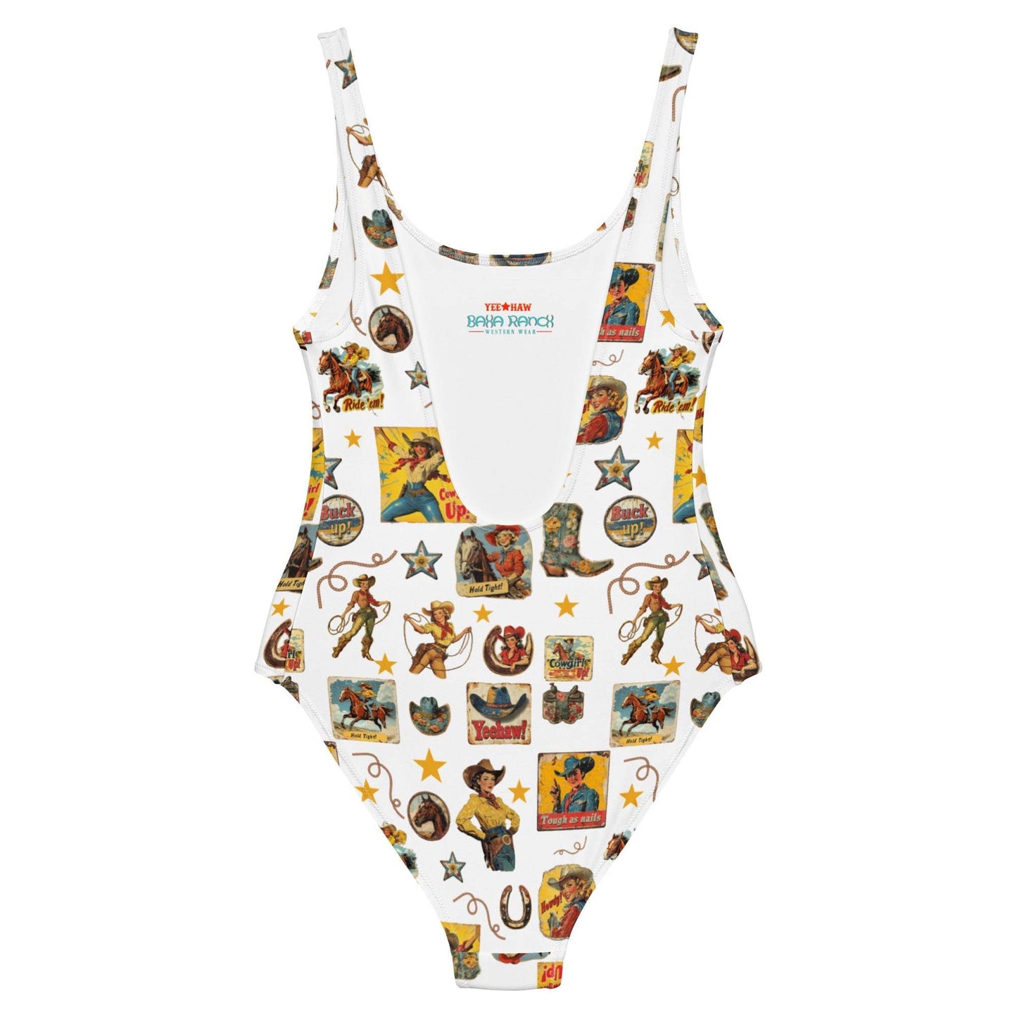 Baha Ranch Yeehaw Vintage Cowgirl Collage White One-Piece Swimsuit - Baha Ranch Western Wear - Flyclothing LLC