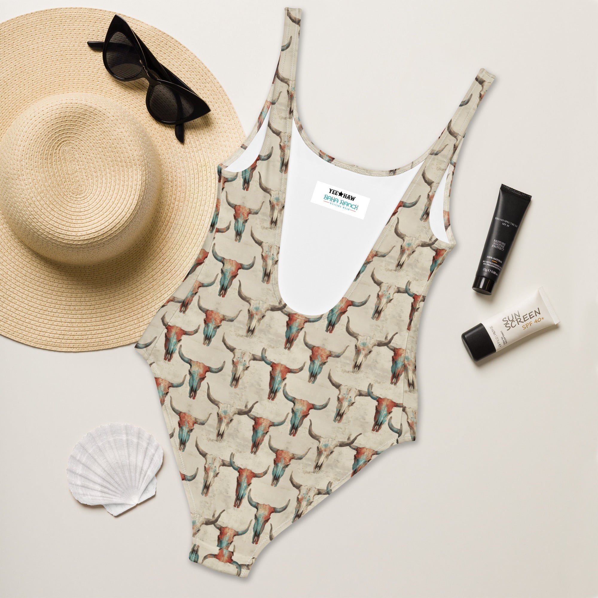 Baha Ranch Yeehaw Bullhead Skulls One-Piece Swimsuit