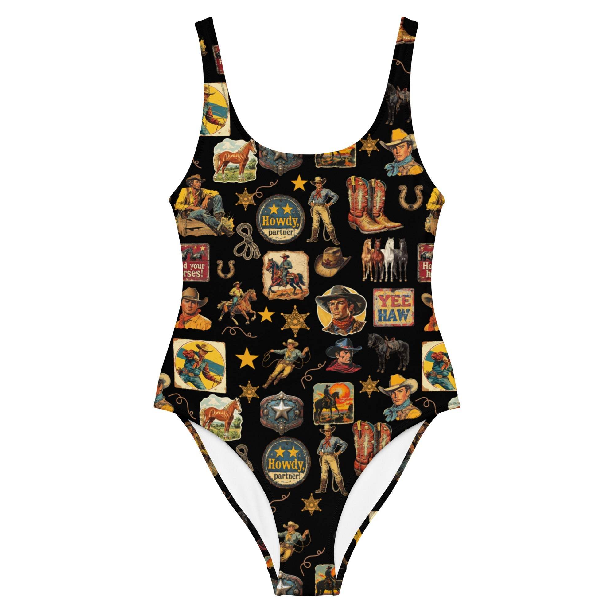 Baha Ranch Yeehaw Vintage Cowboy Collage Western One-Piece Swimsuit - Baha Ranch Western Wear - Flyclothing LLC