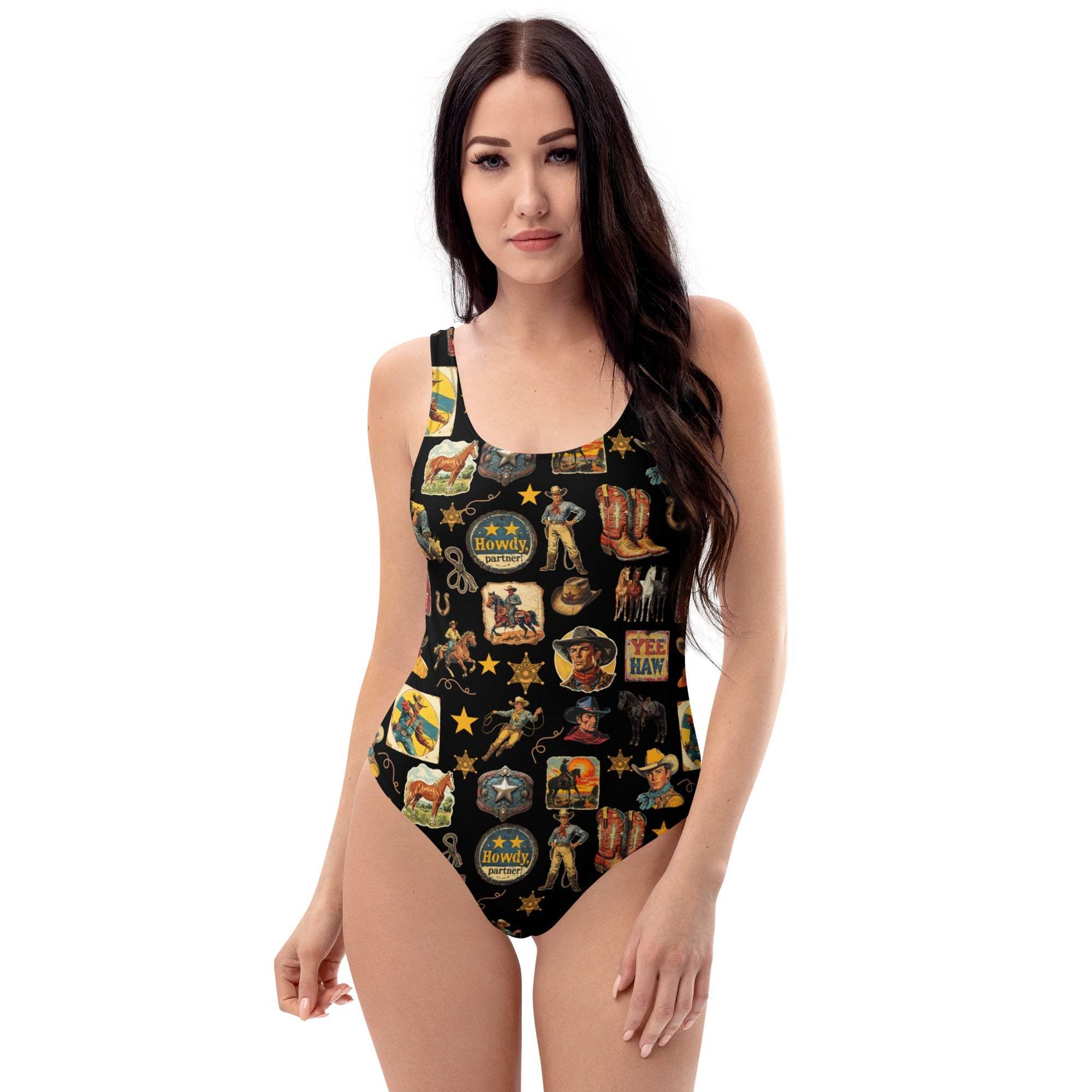 Baha Ranch Yeehaw Vintage Cowboy Collage Western One-Piece Swimsuit - Baha Ranch Western Wear - Flyclothing LLC