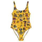 Baha Ranch Yeehaw Vintage Cowboy Collage Mustard One-Piece Swimsuit - Baha Ranch Western Wear - Flyclothing LLC