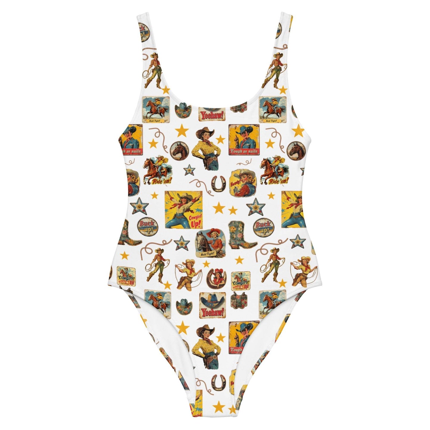 Baha Ranch Yeehaw Vintage Cowgirl Collage White One-Piece Swimsuit - Baha Ranch Western Wear - Flyclothing LLC