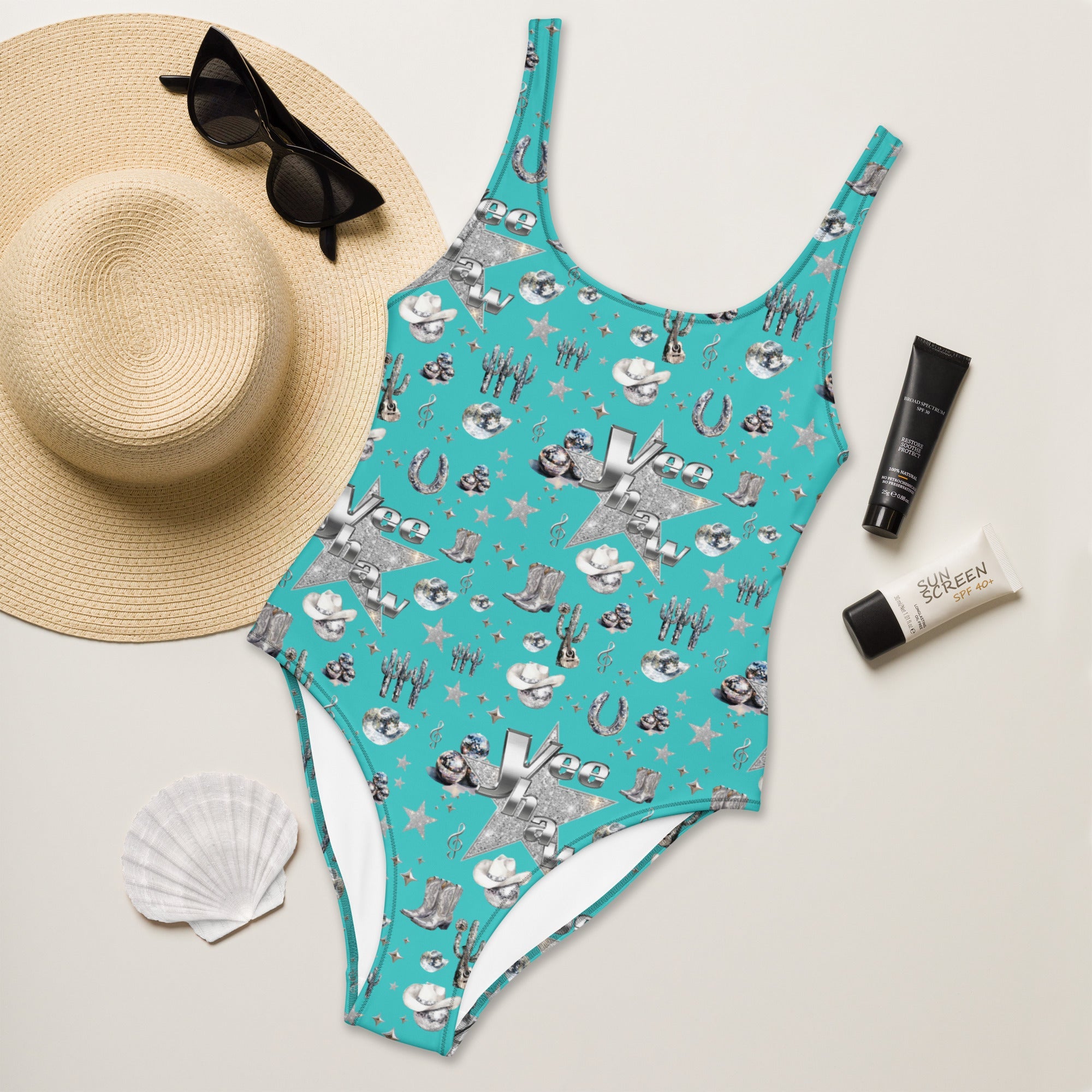 Baha Ranch Yeehaw Rhinestone Cowgirl Turquoise One-Piece Swimsuit