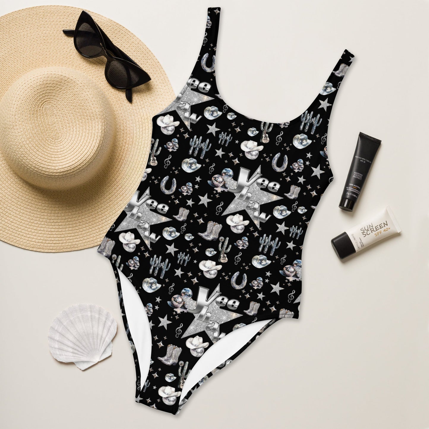 Baha Ranch Yeehaw Rhinestone Cowgirl Black One-Piece Swimsuit