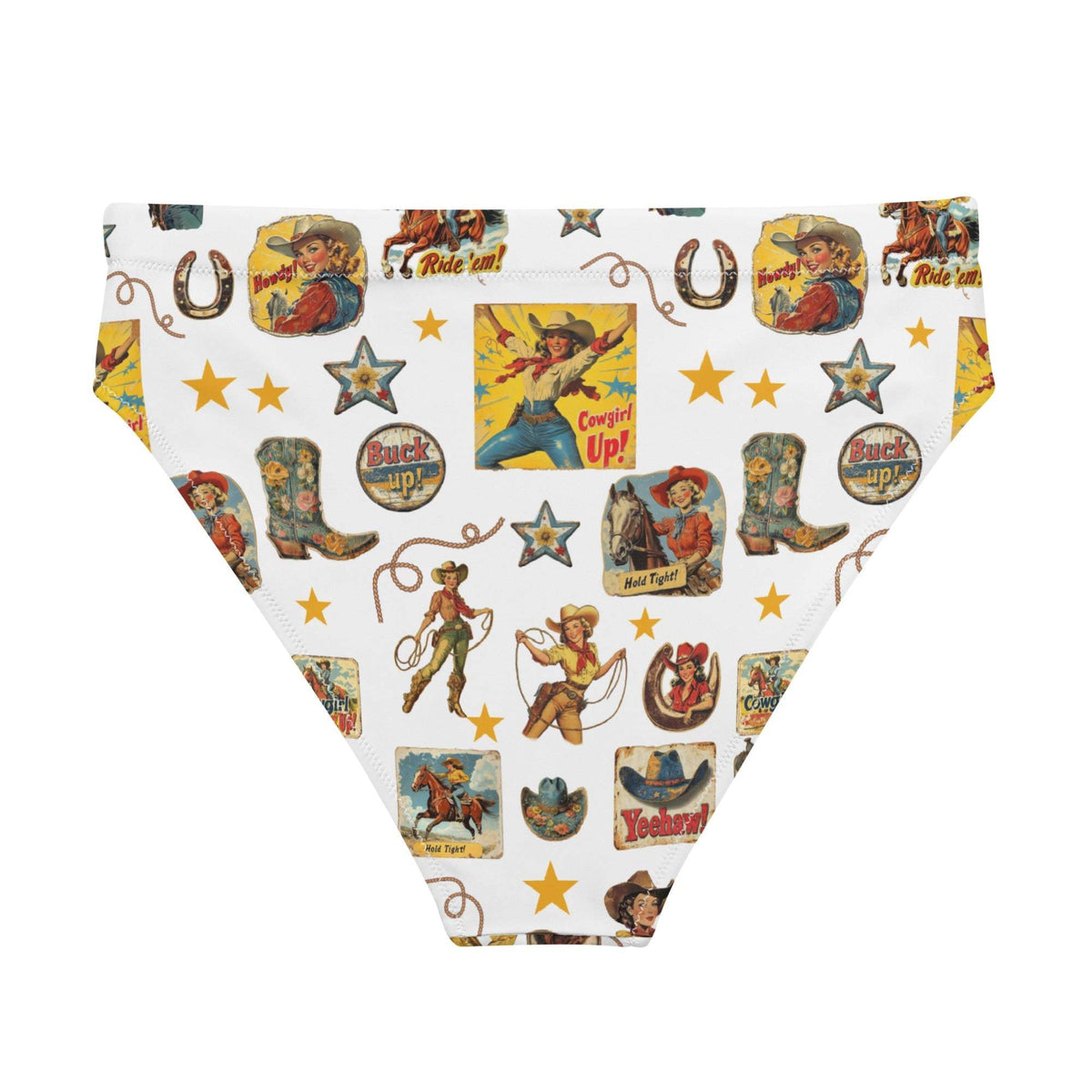 Baha Ranch Yeehaw Vintage Cowgirl Collage White Bikini Bottom - Baha Ranch Western Wear - Flyclothing LLC
