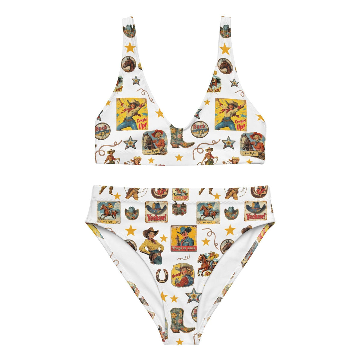 Baha Ranch Yeehaw Vintage Cowgirl Collage White Bikini - Baha Ranch Western Wear - Flyclothing LLC