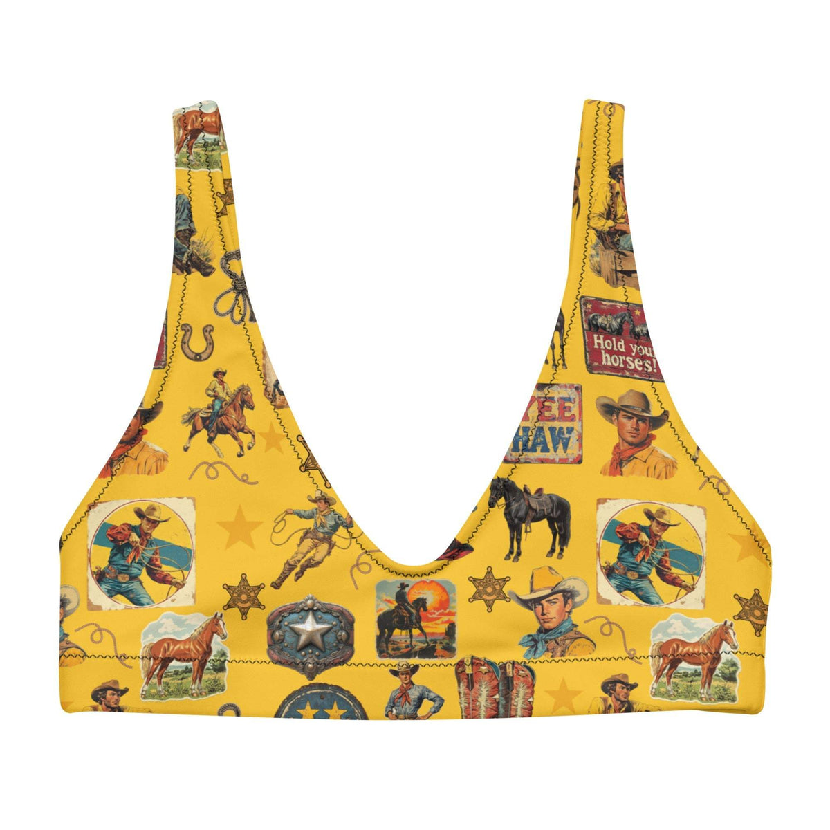 Baha Ranch Yeehaw Vintage Cowboy Collage Mustard Bikini Top - Baha Ranch Western Wear - Flyclothing LLC