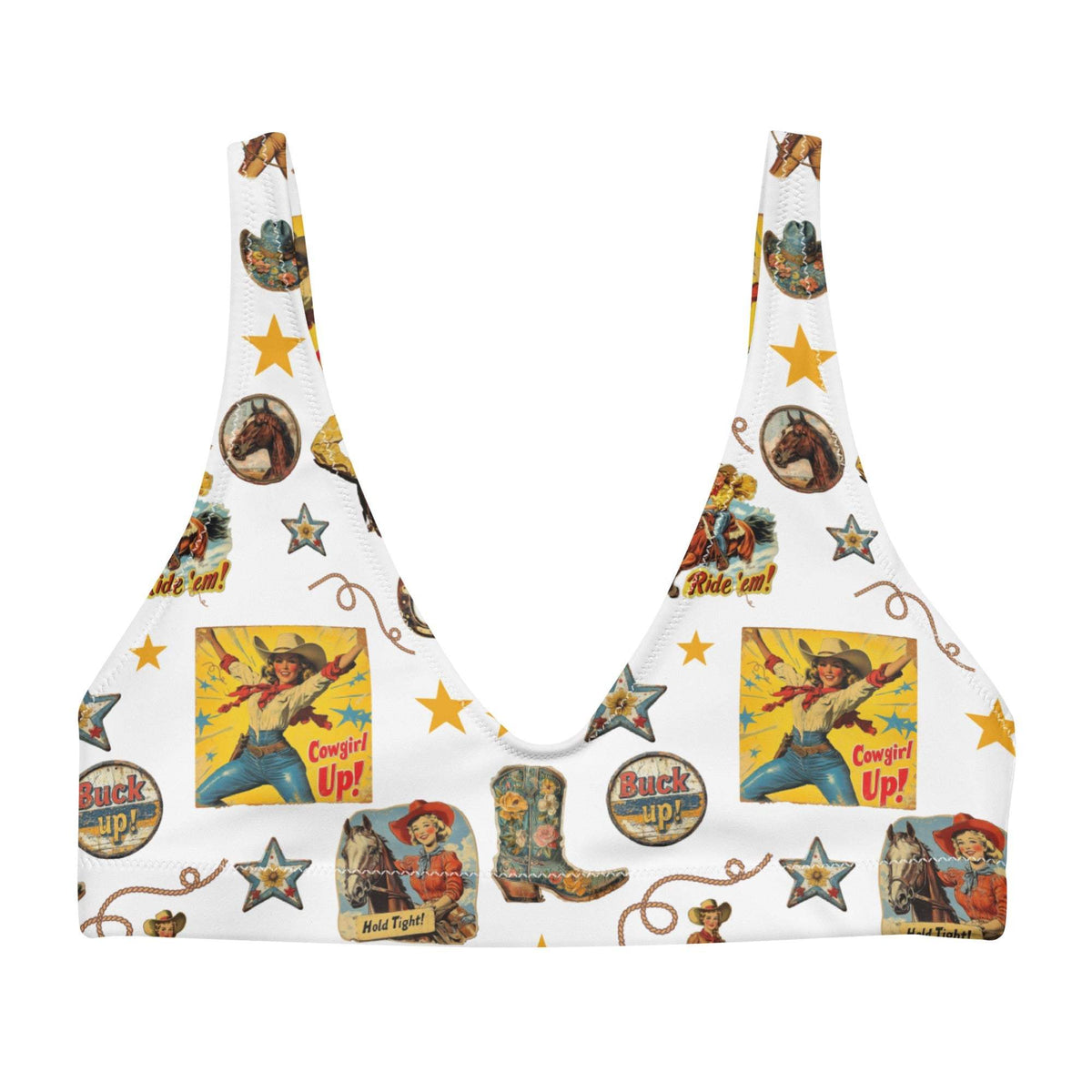 Baha Ranch Yeehaw Vintage Cowgirl Collage White Bikini Top - Baha Ranch Western Wear - Flyclothing LLC