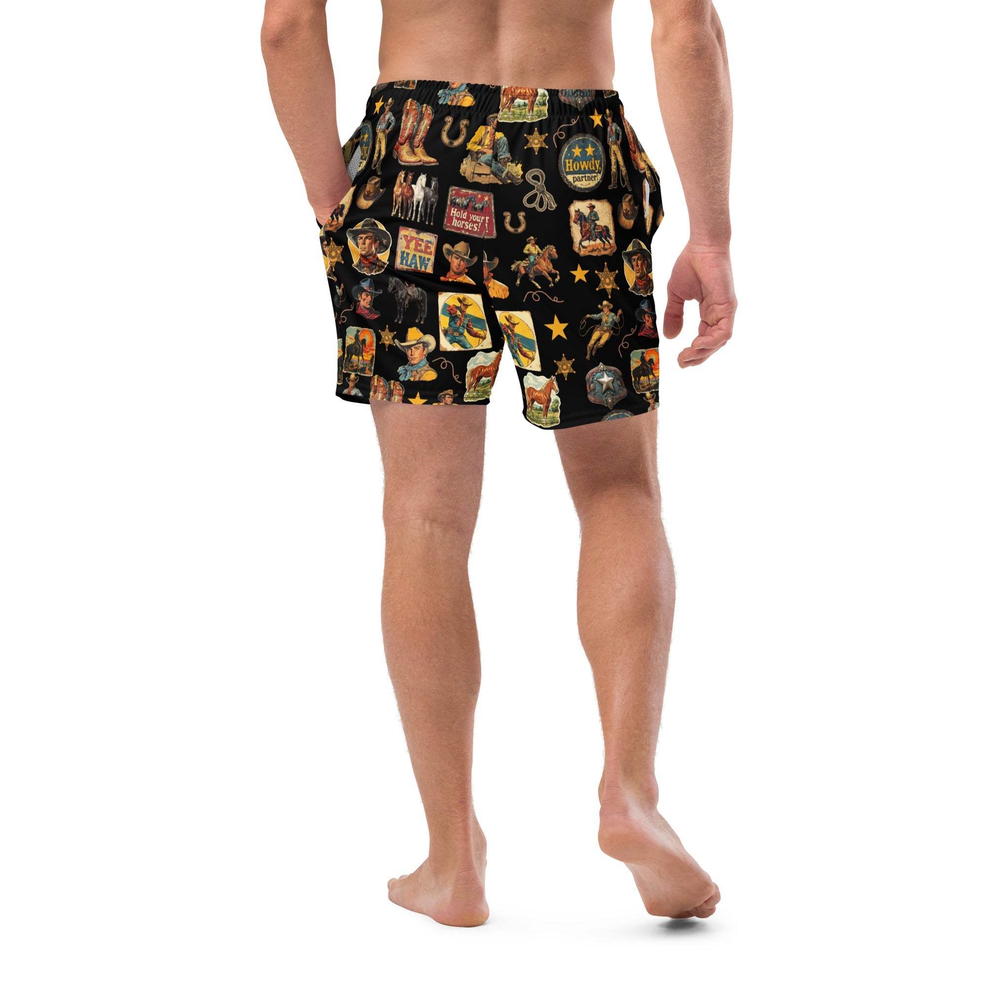 Baha Ranch Yeehaw Vintage Cowboy Collage Swim Trunks - Baha Ranch Western Wear - Flyclothing LLC