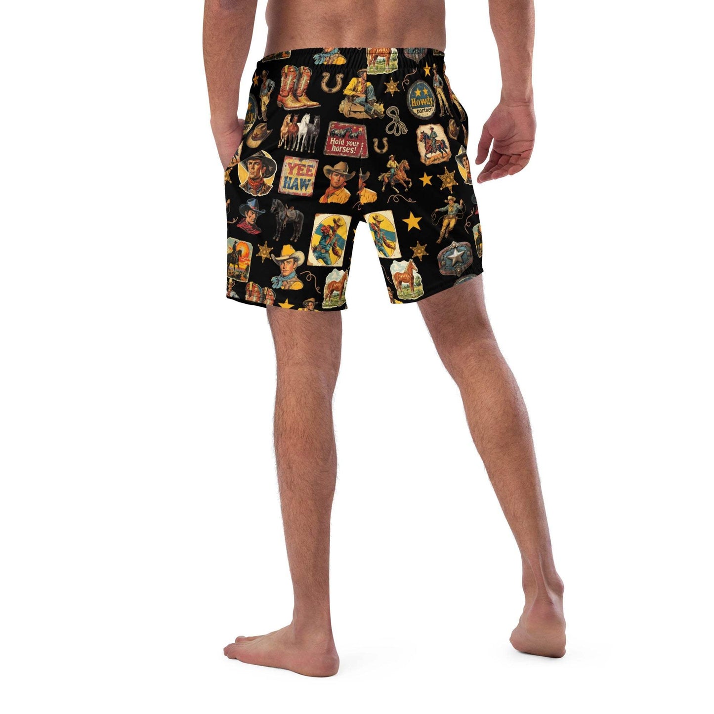 Baha Ranch Yeehaw Vintage Cowboy Collage Swim Trunks - Baha Ranch Western Wear - Flyclothing LLC