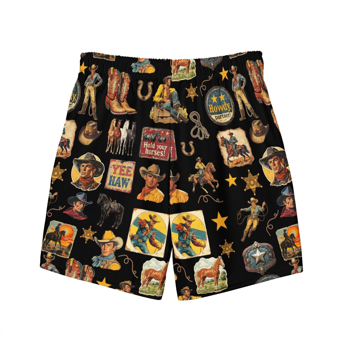 Baha Ranch Yeehaw Vintage Cowboy Collage Swim Trunks - Baha Ranch Western Wear - Flyclothing LLC