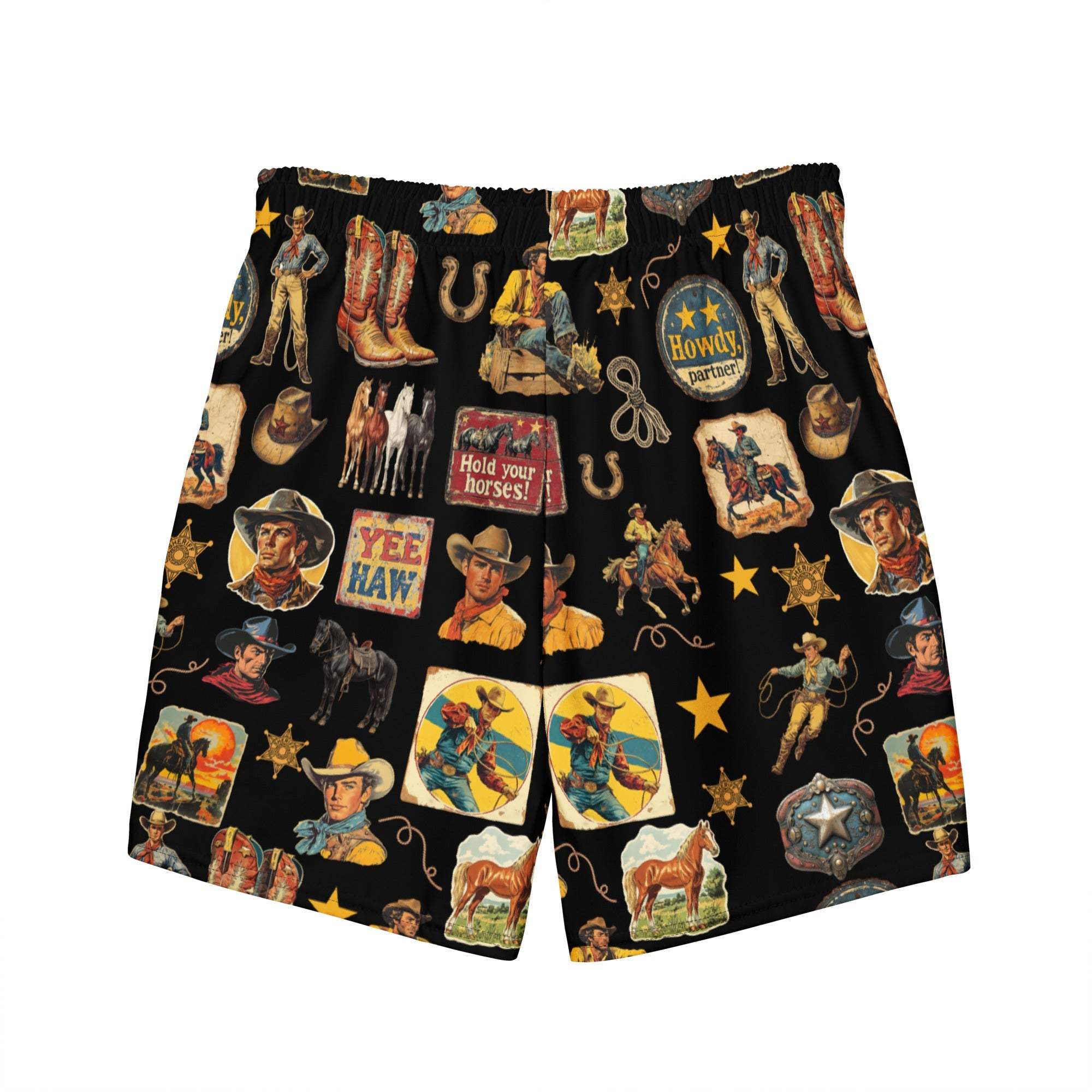 Baha Ranch Yeehaw Vintage Cowboy Collage Swim Trunks - Baha Ranch Western Wear - Flyclothing LLC