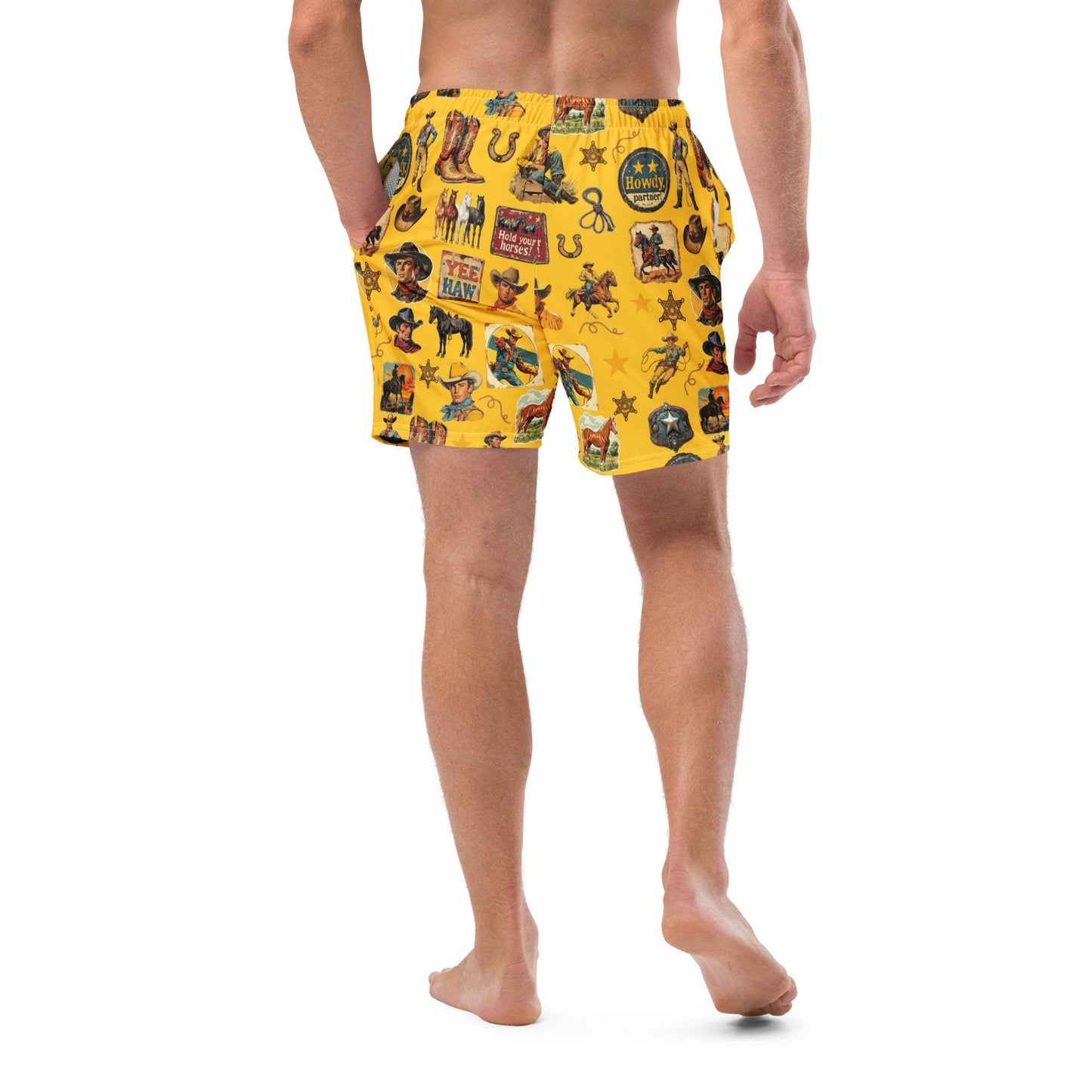 Baha Ranch Yeehaw Vintage Cowboy Collage Mustard Swim Trunks - Baha Ranch Western Wear - Flyclothing LLC