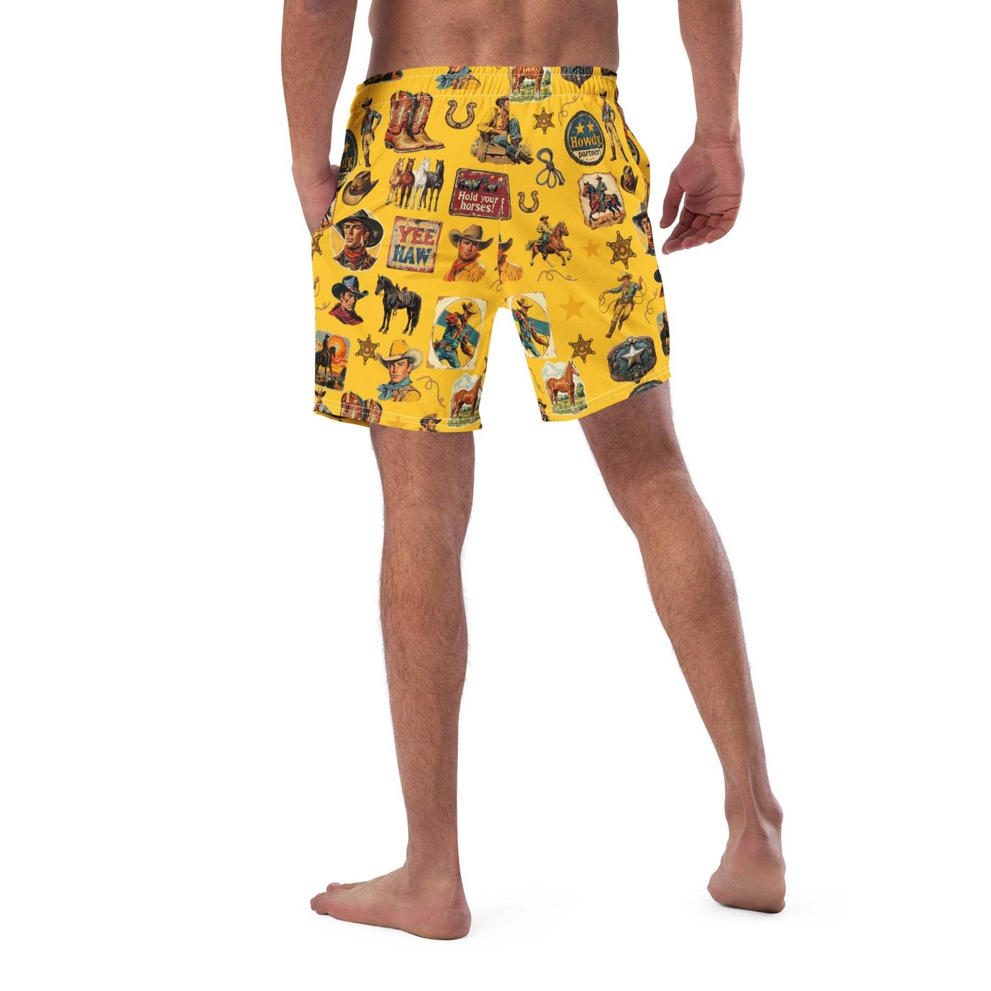 Baha Ranch Yeehaw Vintage Cowboy Collage Mustard Swim Trunks - Baha Ranch Western Wear - Flyclothing LLC