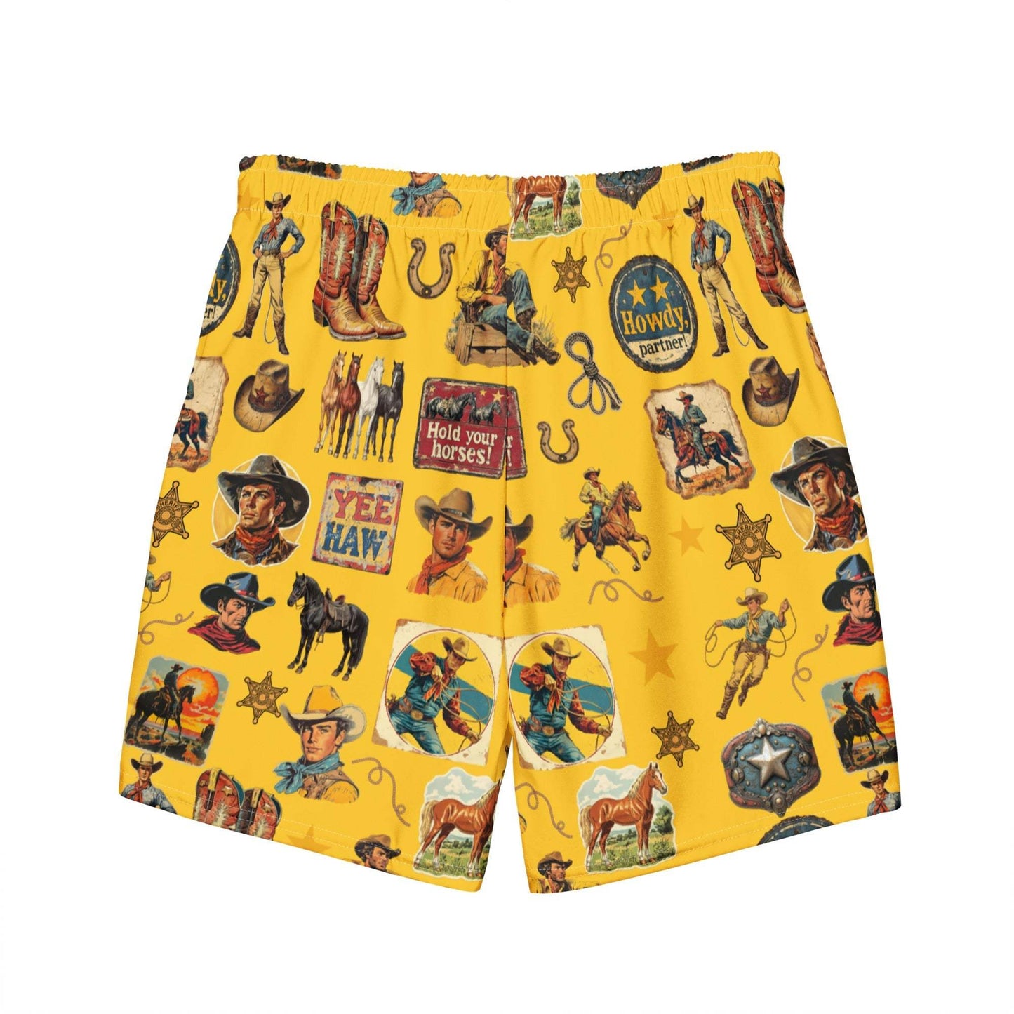 Baha Ranch Yeehaw Vintage Cowboy Collage Mustard Swim Trunks - Baha Ranch Western Wear - Flyclothing LLC