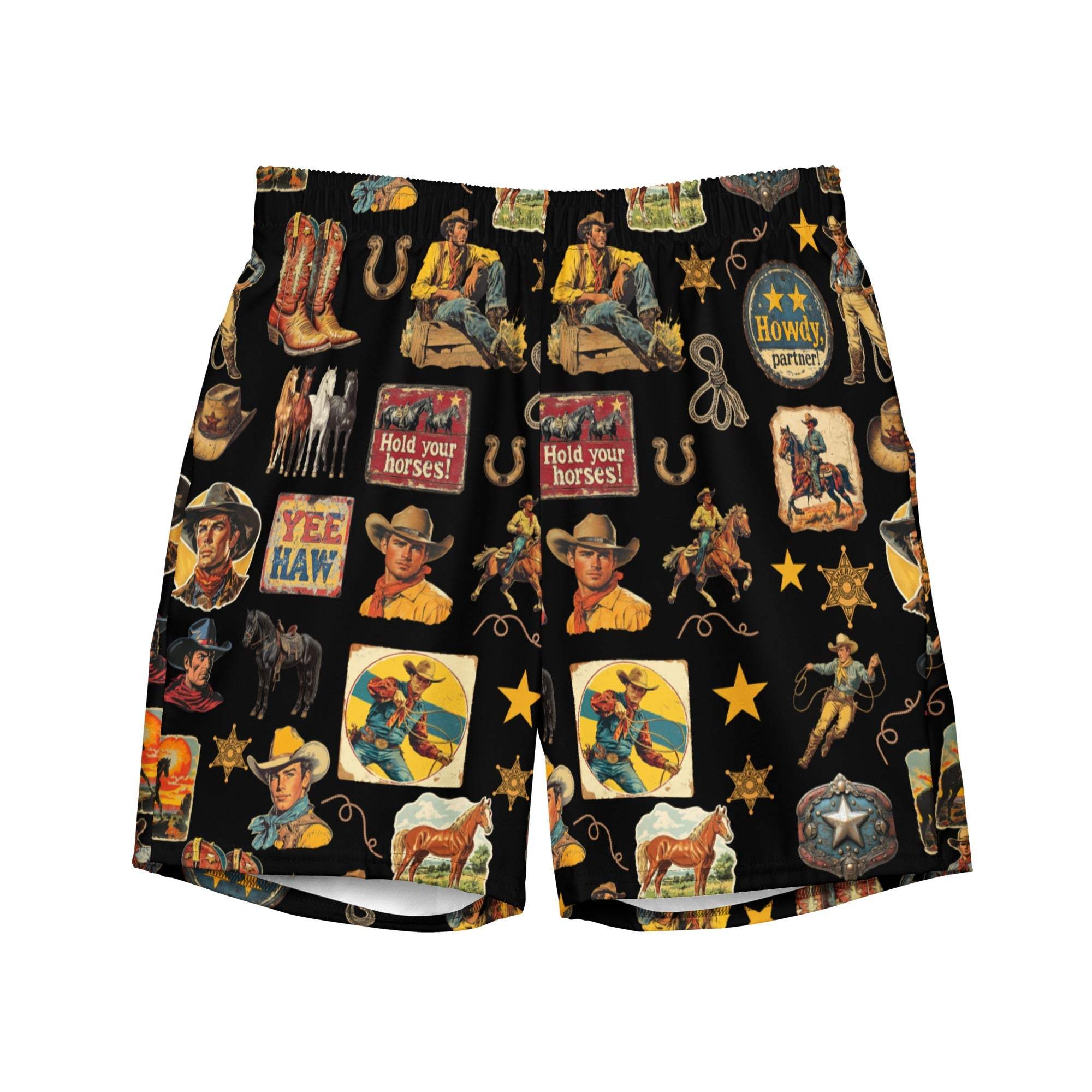 Baha Ranch Yeehaw Vintage Cowboy Collage Swim Trunks - Baha Ranch Western Wear - Flyclothing LLC