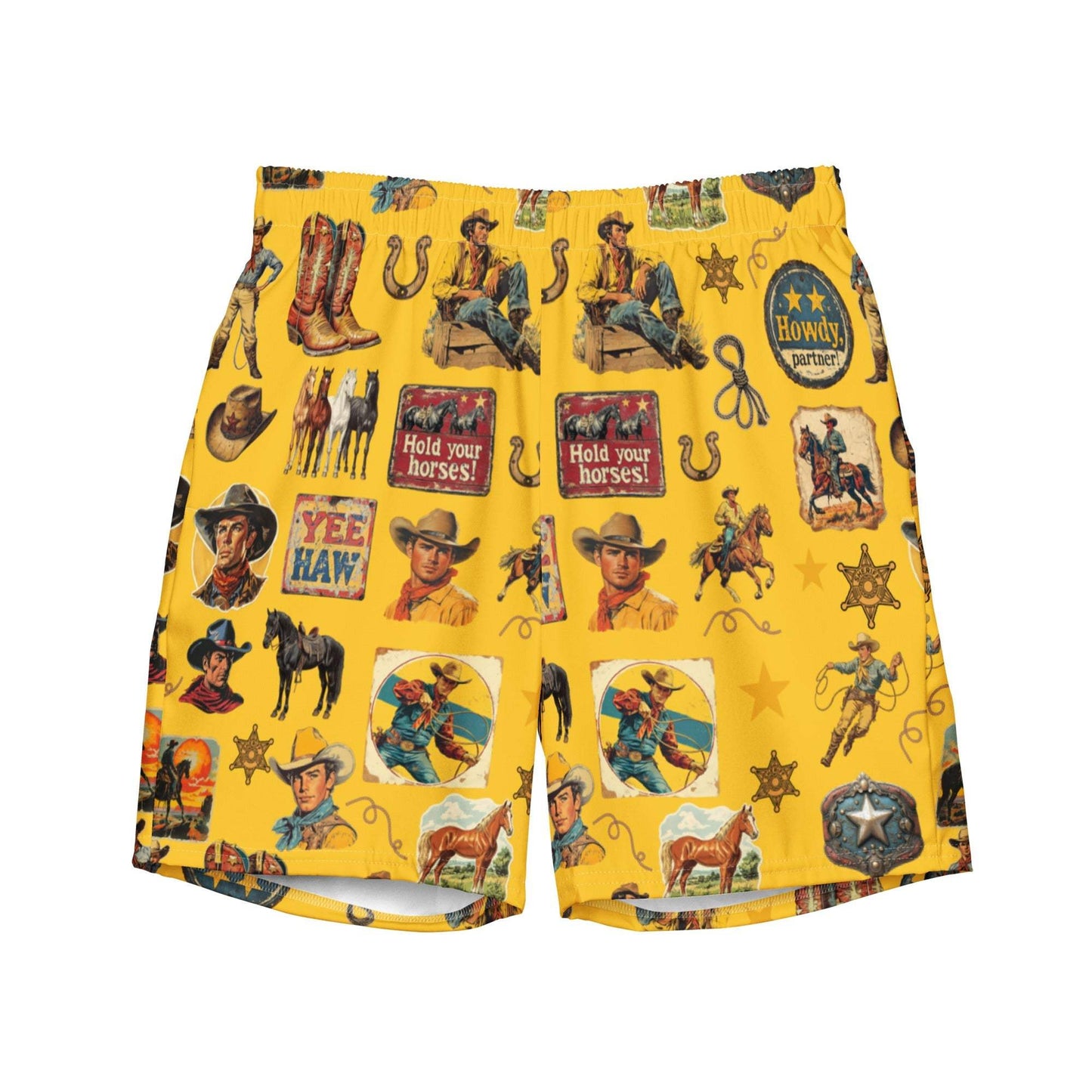 Baha Ranch Yeehaw Vintage Cowboy Collage Mustard Swim Trunks - Baha Ranch Western Wear - Flyclothing LLC