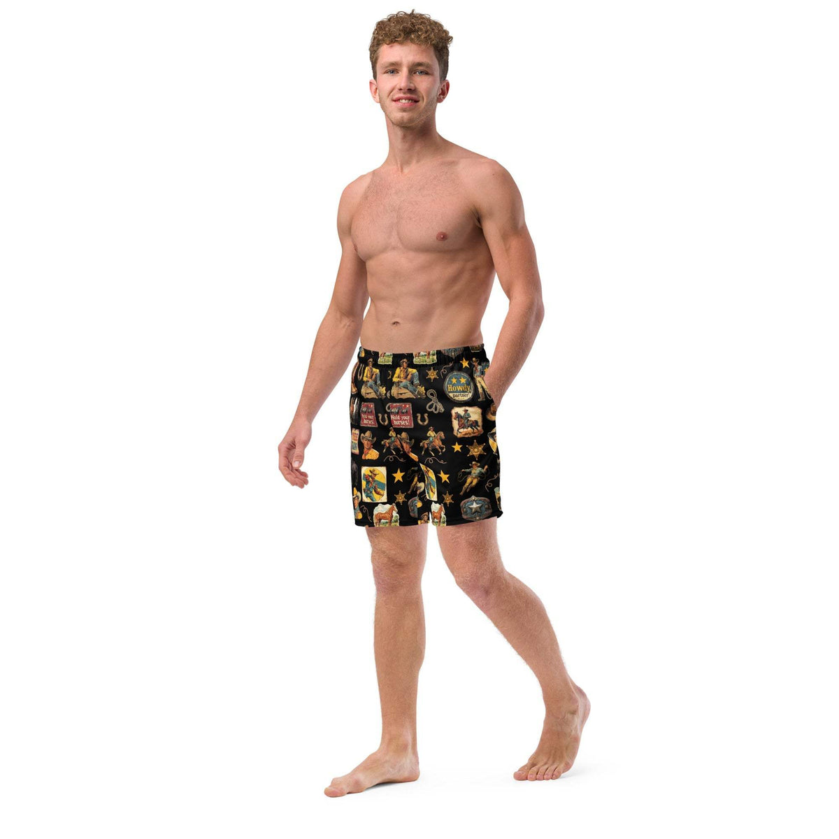 Baha Ranch YEEHAW Vintage Cowboy Collage Western Swim Trunks Shorts - Baha Ranch Western Wear - Flyclothing LLC