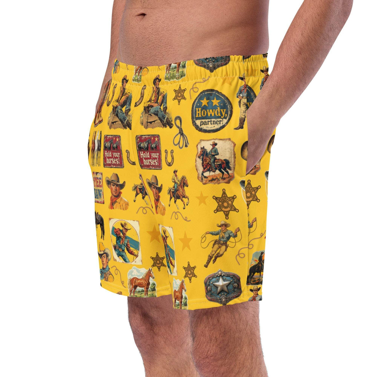Baha Ranch YEEHAW Vintage Cowboy Collage Western Swim Trunks Shorts - Baha Ranch Western Wear - Flyclothing LLC