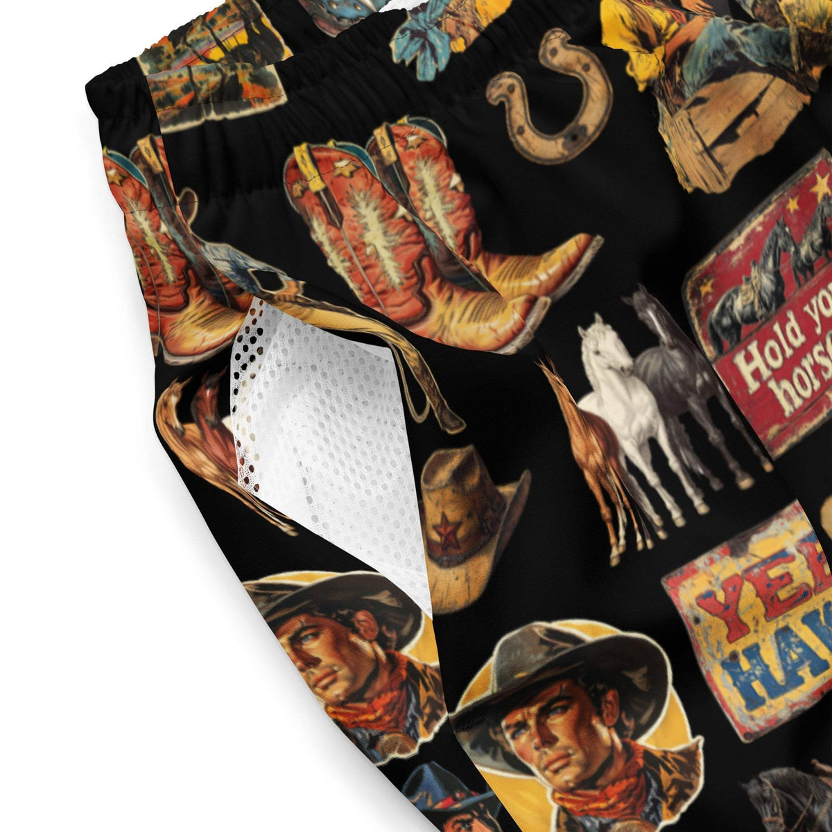 Baha Ranch YEEHAW Vintage Cowboy Collage Western Swim Trunks Shorts - Baha Ranch Western Wear - Flyclothing LLC
