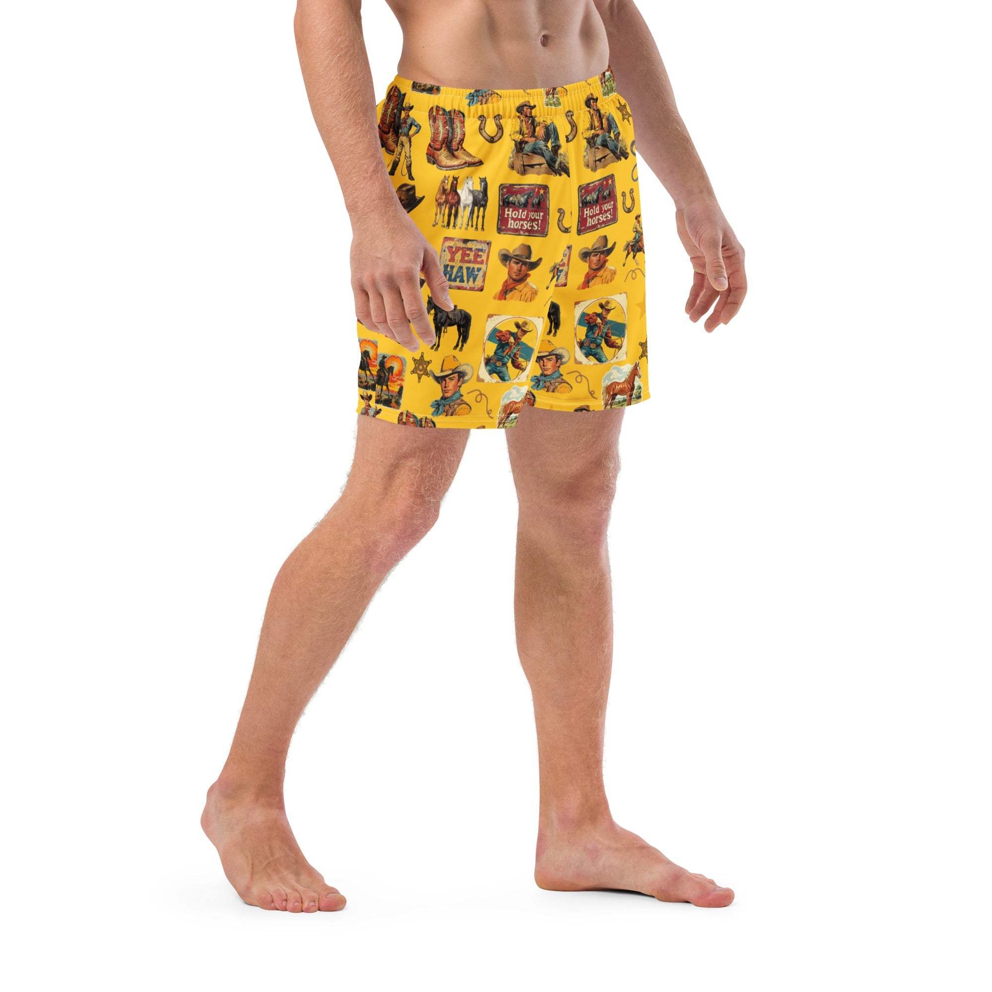 Baha Ranch Yeehaw Vintage Cowboy Collage Mustard Swim Trunks - Baha Ranch Western Wear - Flyclothing LLC