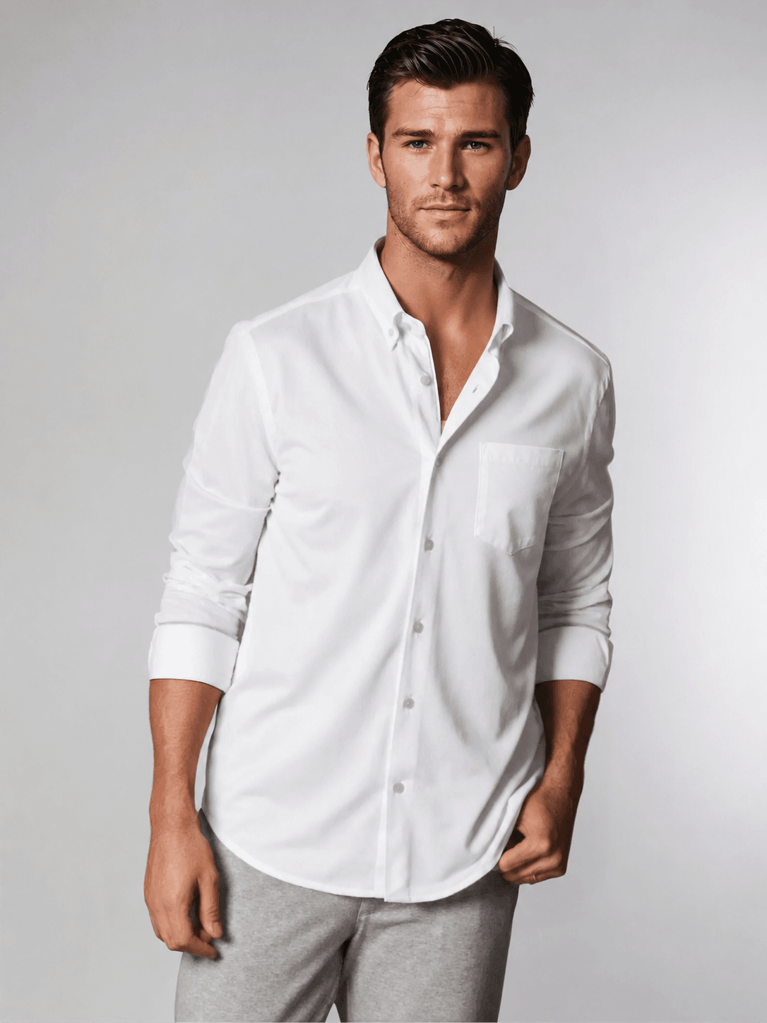 Classic White Long Sleeve Button Down Tech Shirt - Buki - Flyclothing LLC