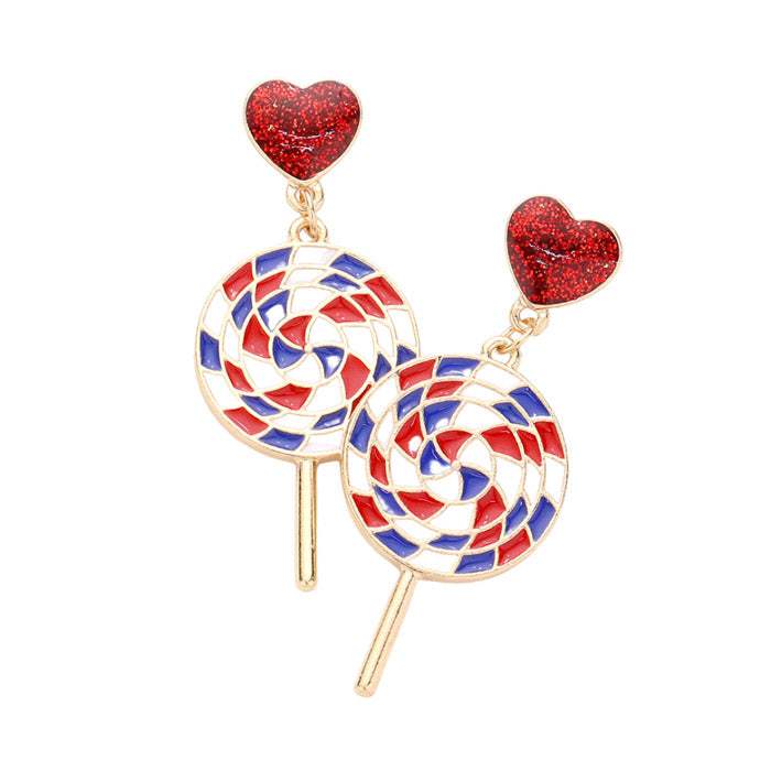 American USA Flag Heart Candy Cane Link Dangle Earrings - Madeline Love - Flyclothing LLC