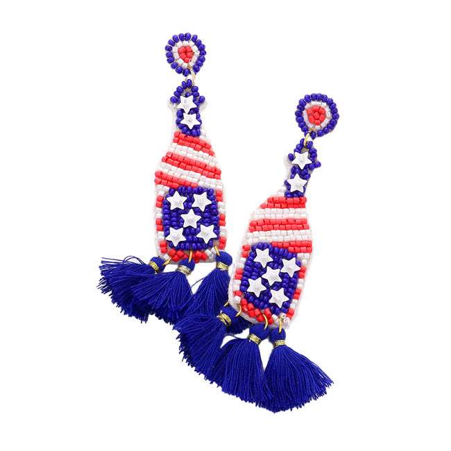 American USA Flag Seed Bead Champagne Triple Tassel Earrings - Madeline Love - Flyclothing LLC