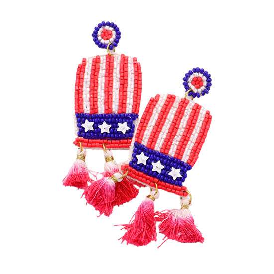 American USA Flag Seed Bead Hat Triple Ombre Tassel Earrings - Madeline Love - Flyclothing LLC