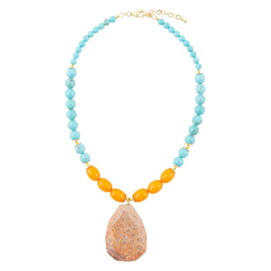 Apricot Fossil Blue Magnesite Golden Pendant Necklace - Barse Jewelry - Flyclothing LLC