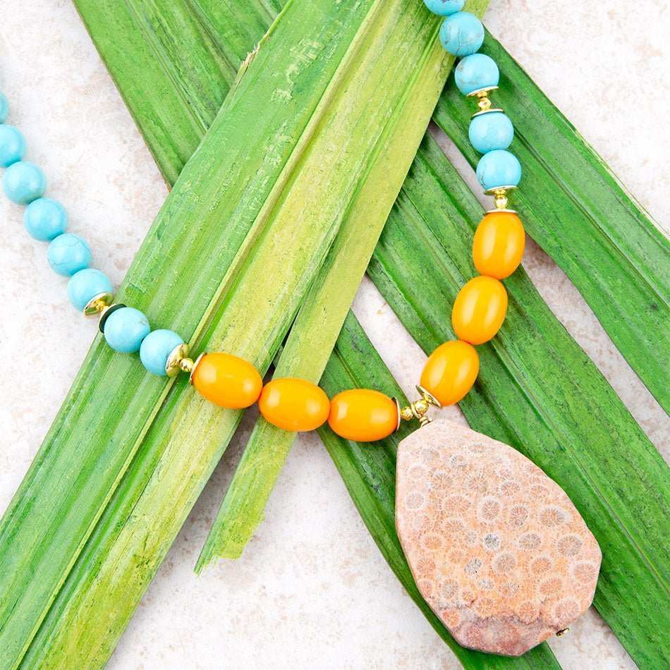 Apricot Fossil Blue Magnesite Golden Pendant Necklace - Barse Jewelry - Flyclothing LLC