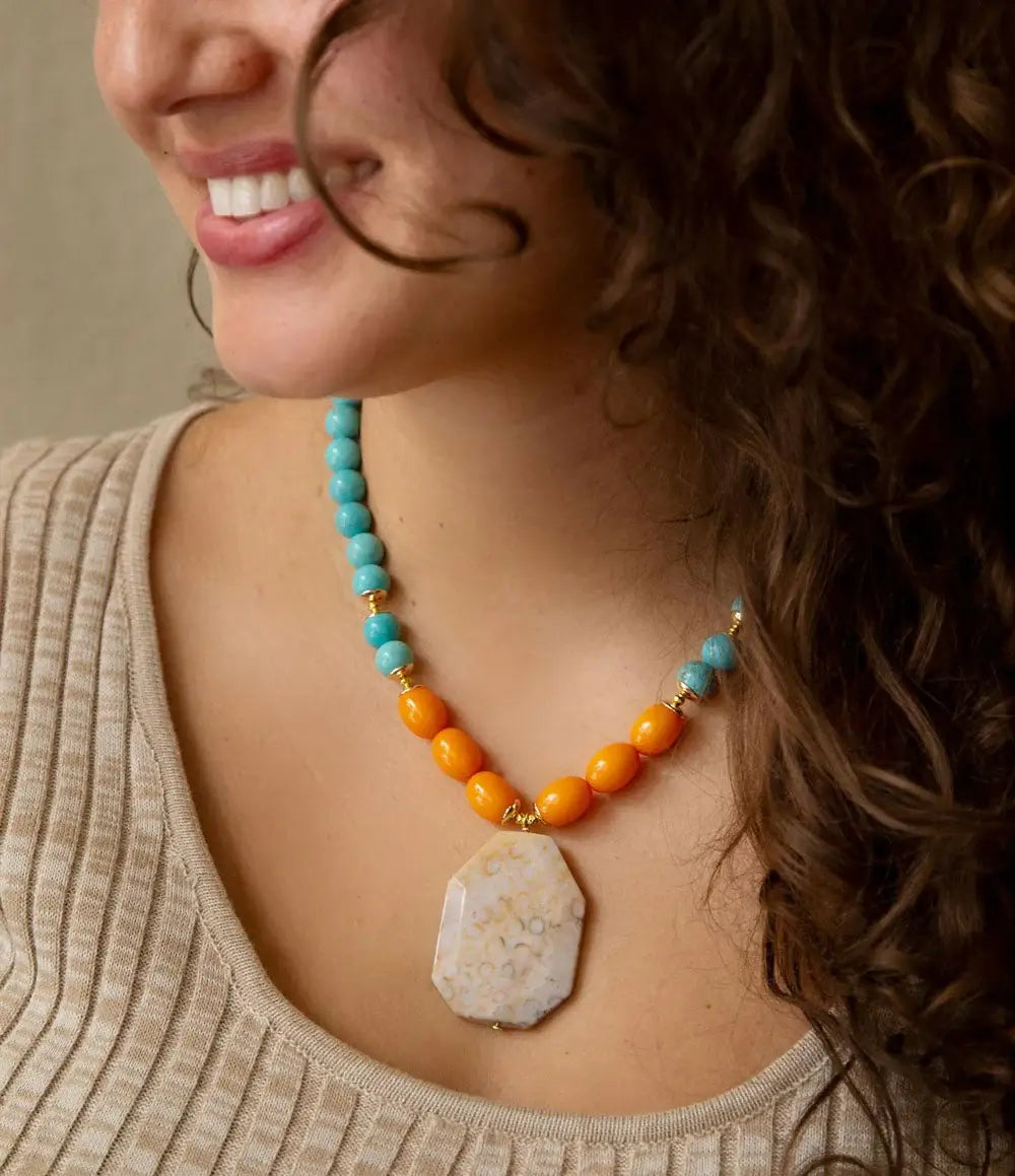 Apricot Fossil Blue Magnesite Golden Pendant Necklace - Barse Jewelry - Flyclothing LLC