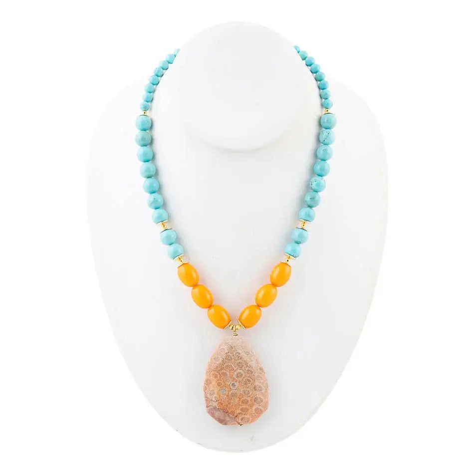 Apricot Fossil Blue Magnesite Golden Pendant Necklace - Barse Jewelry - Flyclothing LLC
