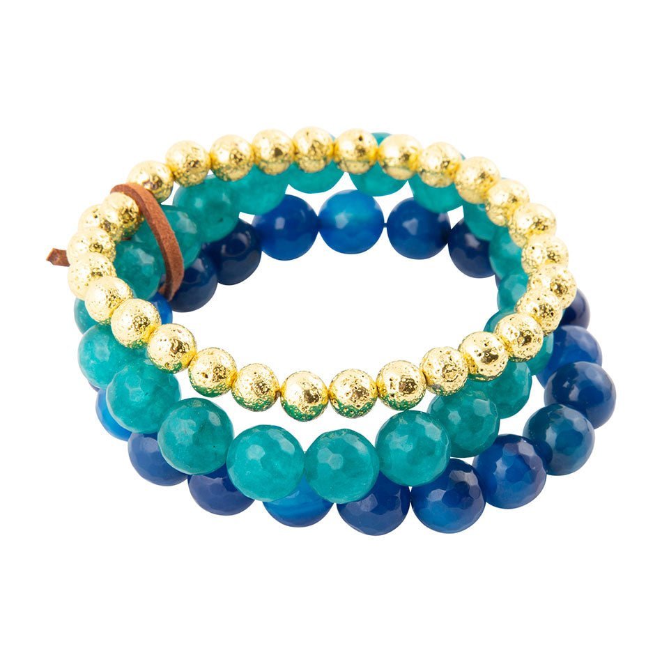 Argo Blue Jade Golden Stretch Bracelet Set - Barse Jewelry