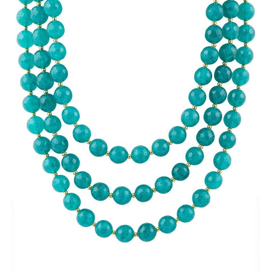 Argo Blue Teal Jade Triple Strand Golden Necklace - Barse Jewelry - Flyclothing LLC